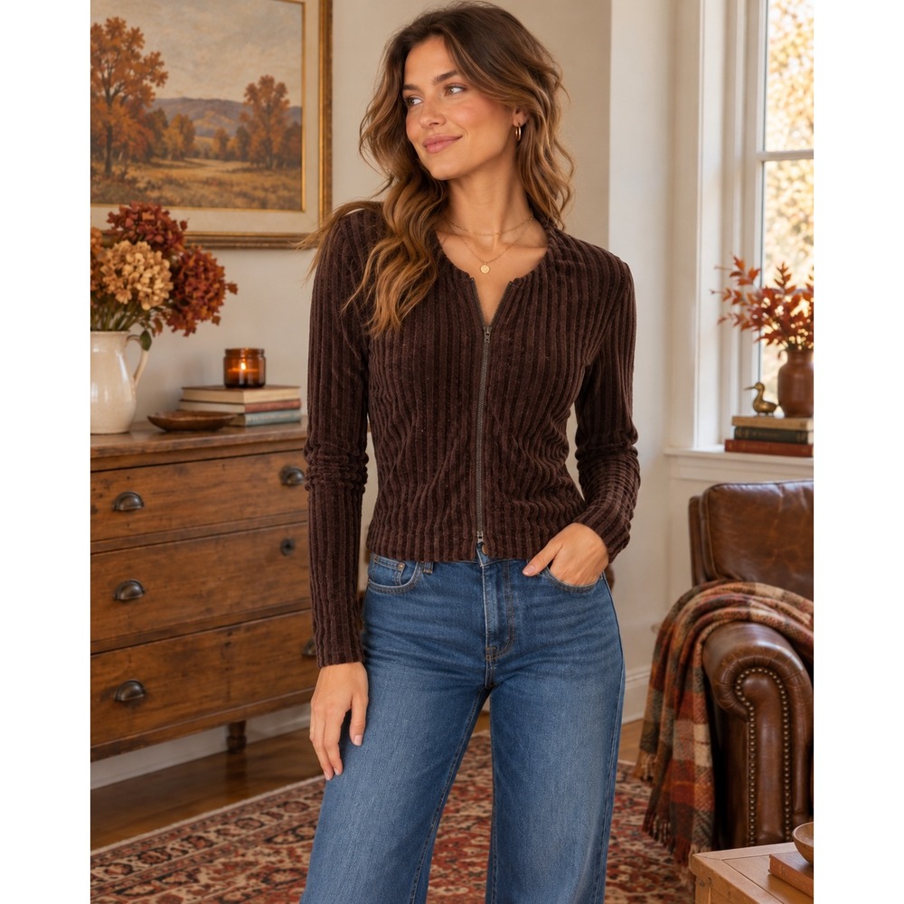 United Colors of Benetton Vintage Brown Ribbed Zip-Up Cardigan – XS